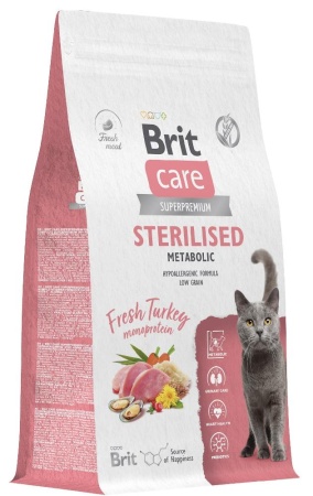 корм Брит CARE для Кастрированных кошек "Sterilised Metabolic", 1,5кг индей 